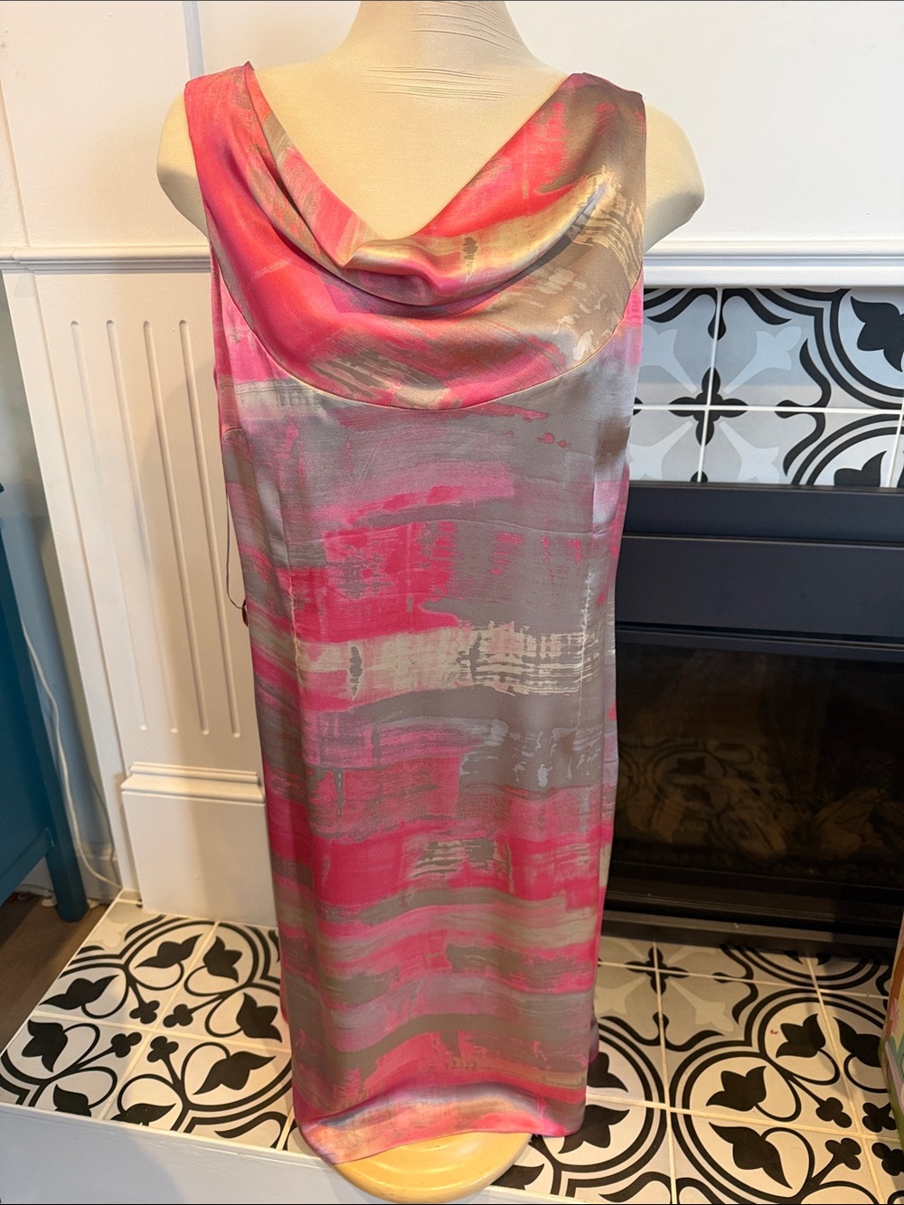 100% silk Sleeveless Cowl Neck Pink & Gray Abstract Dress